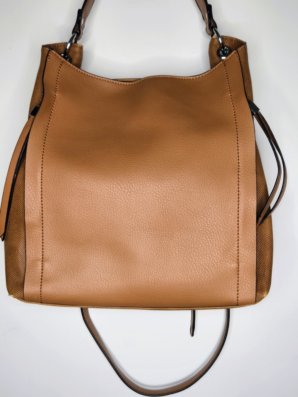 Tan Faux Leather Slouchy Hobo Shoulder Bag with Textured Leather Trim Tote 12x12 - Picture 2 of 16